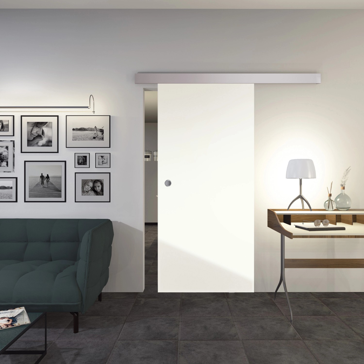 Weiße Holzschiebetür mit Melamindekor Mini Perl, 2060x940 mm, in Wohnraum-Szene.