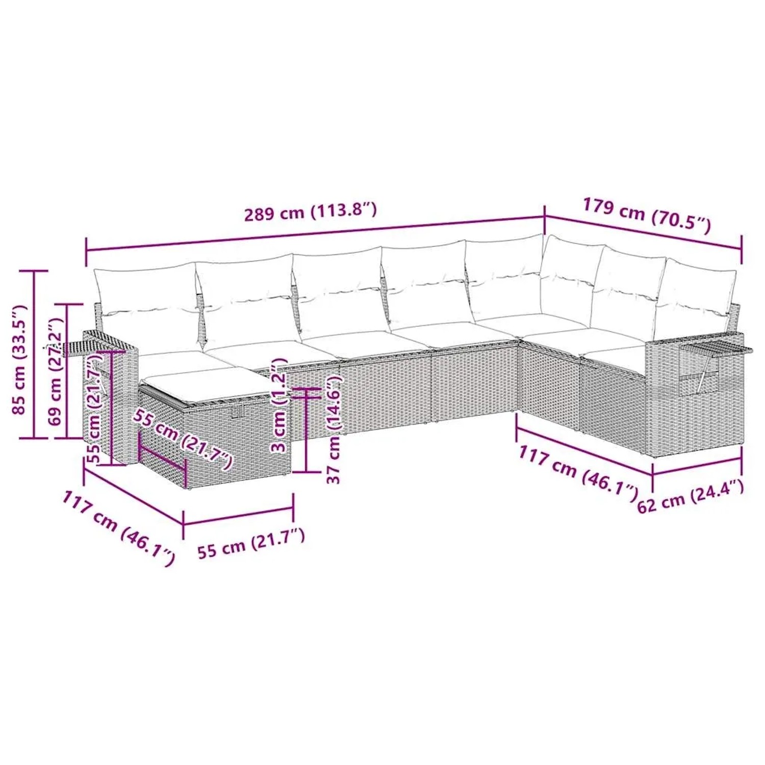 Beige 8-teilige Garten-Sofagarnitur aus Polyrattan mit Kissen, Maße siehe Bild.