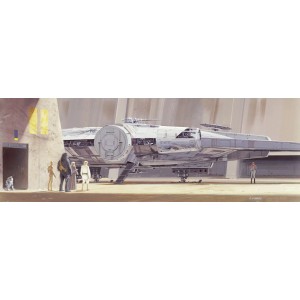 Fototapete STAR WARS: Millenium Falke mit Crew vor Raumschiff-Hangar.