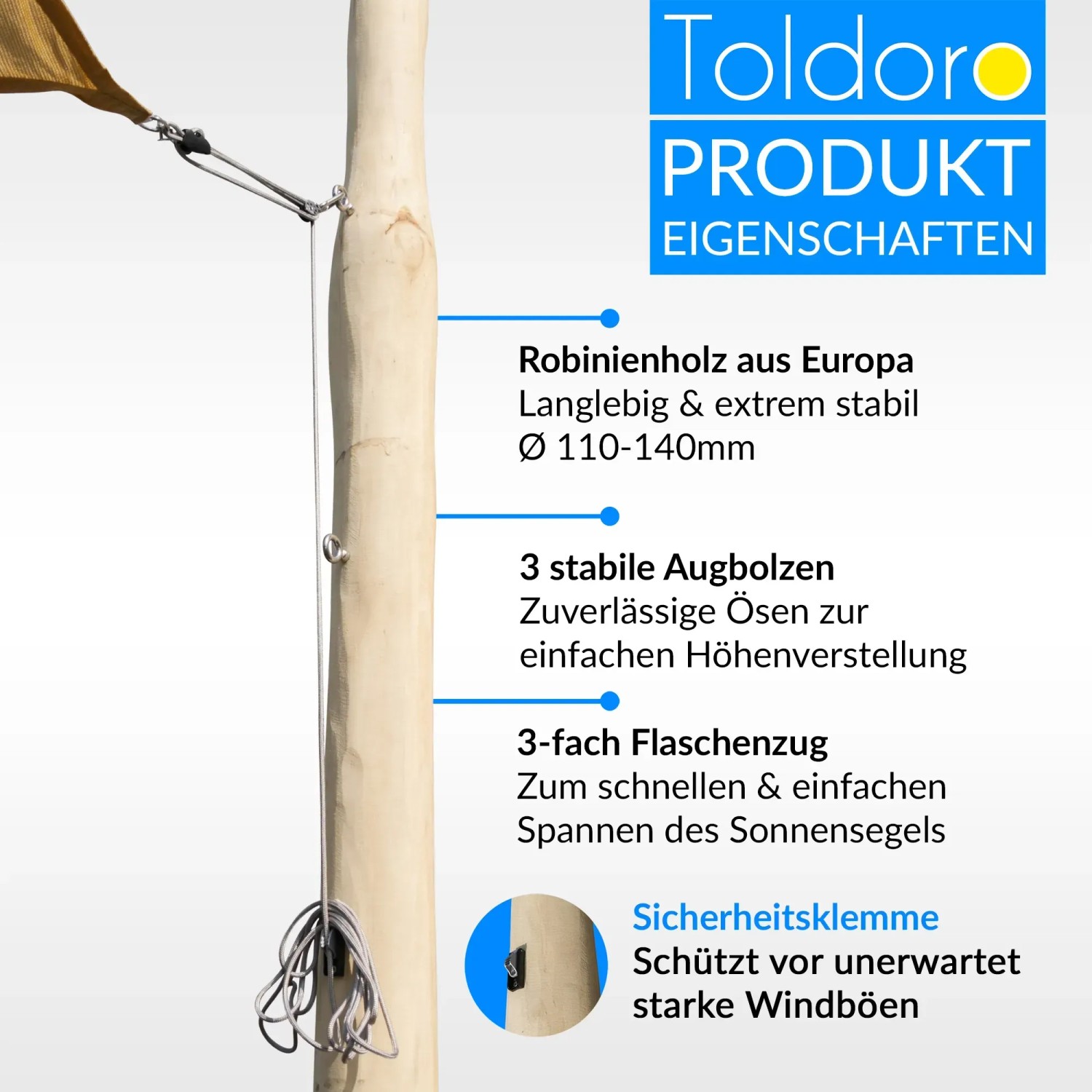 Toldoro Sonnensegelmast aus Robinienholz mit Flaschenzug und Höhenverstellung.