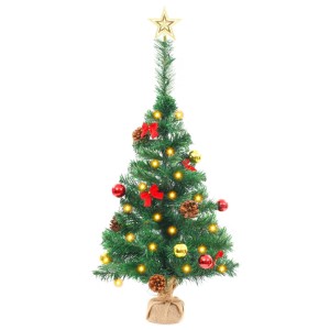 Künstlicher, grüner Weihnachtsbaum (64 cm) mit LED-Lichtern, Kugeln und Schleifen.