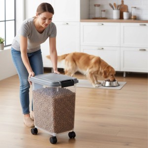 Transparenter Relaxdays Futterbehälter mit Rollen und Schaufel, gefüllt mit Trockenfutter. Frau schiebt den Behälter, Hund frisst.
