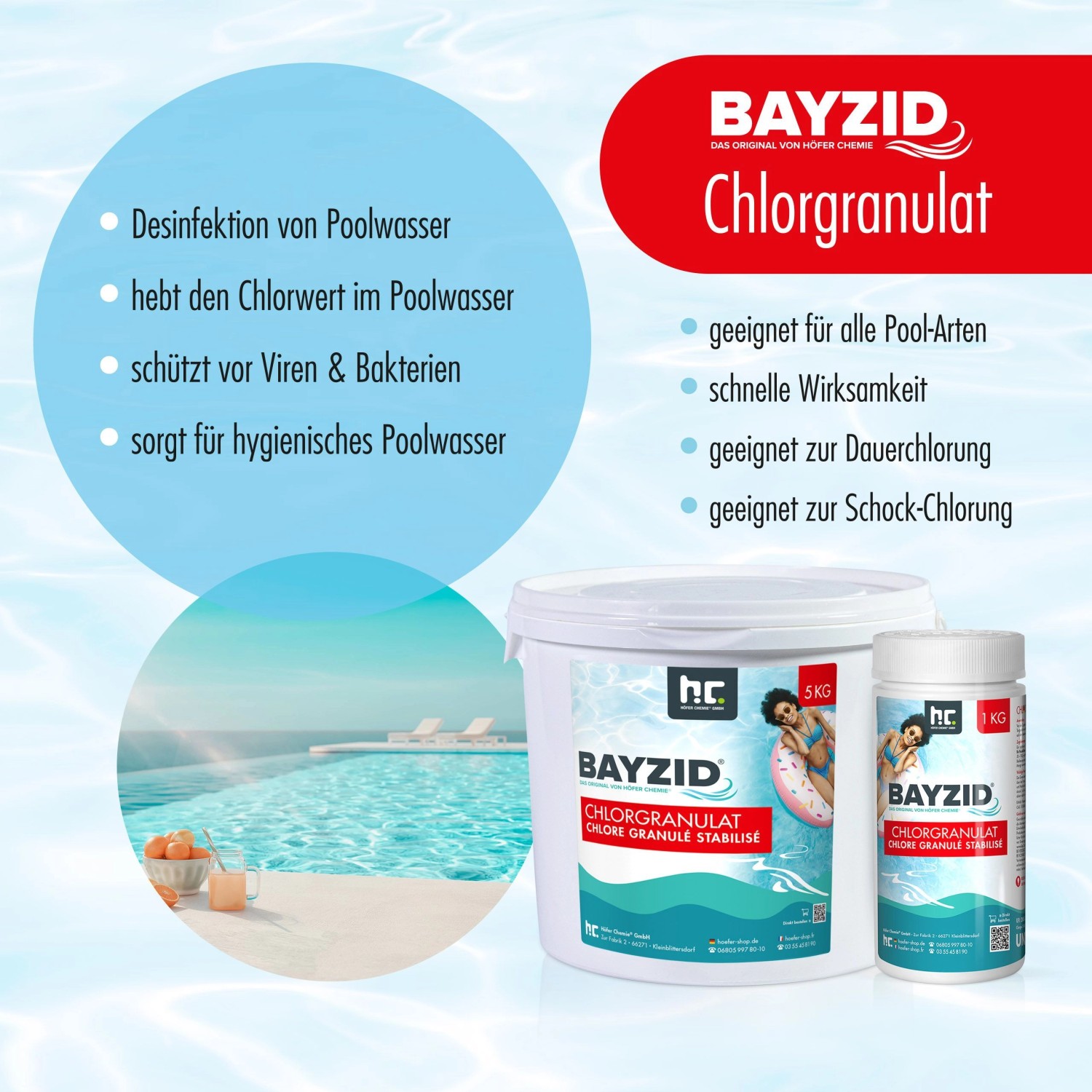 Bayzid Chlorgranulat für Pools, 1kg und 5kg Gebinde. Desinfektion und Schutz für hygienisches Poolwasser.