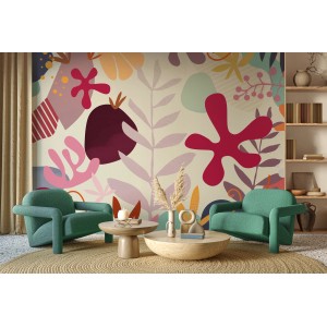 Bunte Komar Vliestapete Happy Corals im Wohnraum mit Korallen und Pflanzen.