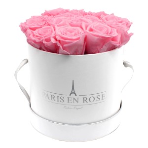 Rosenbox mit 14 rosa Rosen in weiß-silberner Box (Ø 19cm).