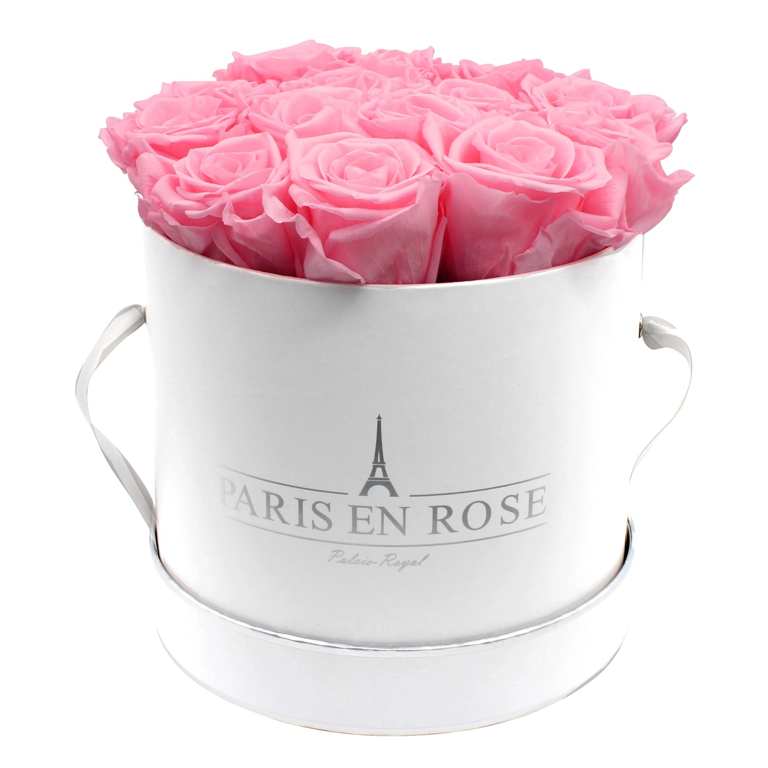 Rosenbox Ø 19 cm Weiß-Silber mit 14 Rosa Rosen