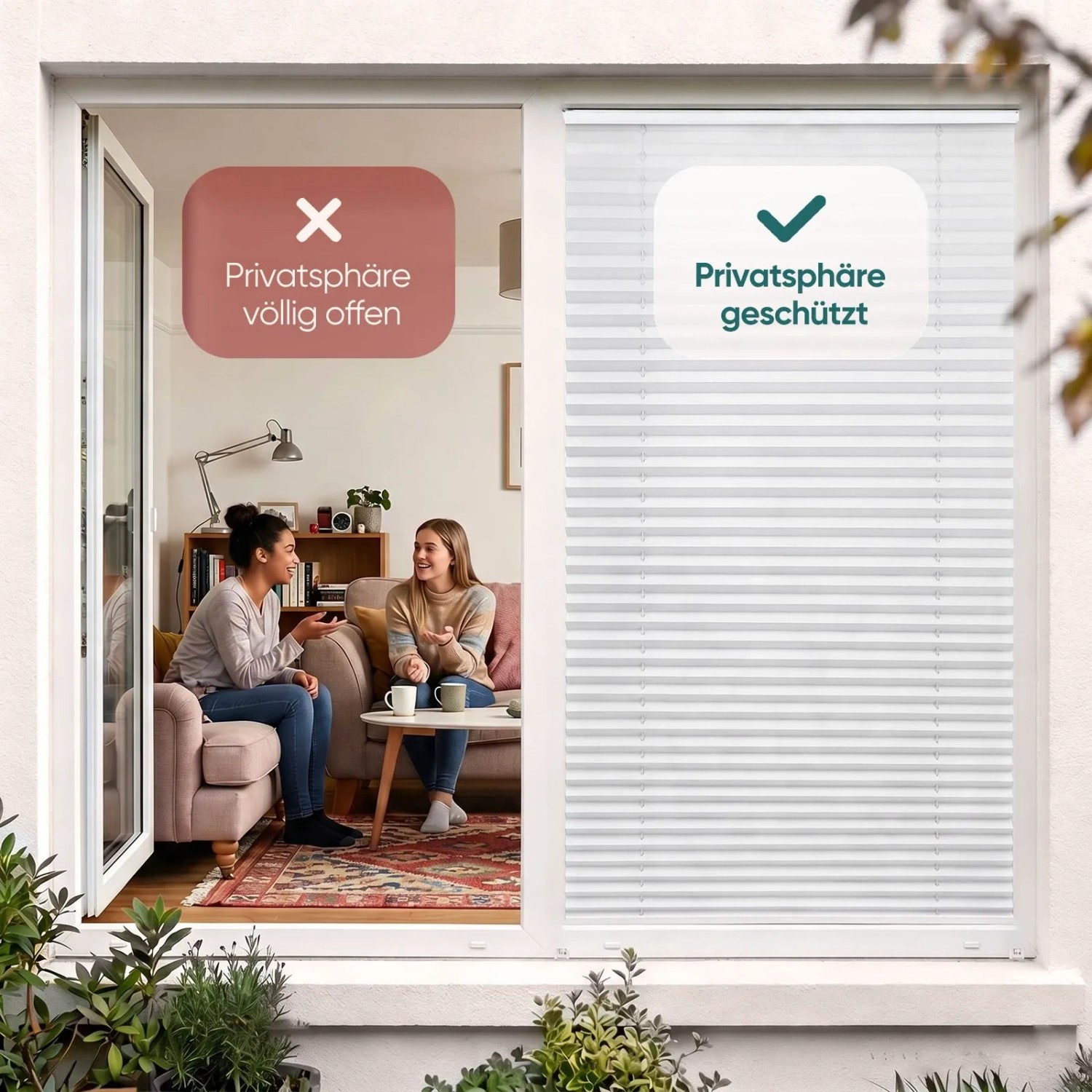 Weißes Klemmfix Verdunkelungsplissee am Fenster. Demonstriert Sichtschutz und Privatsphäre im Vergleich zur offenen Ansicht.