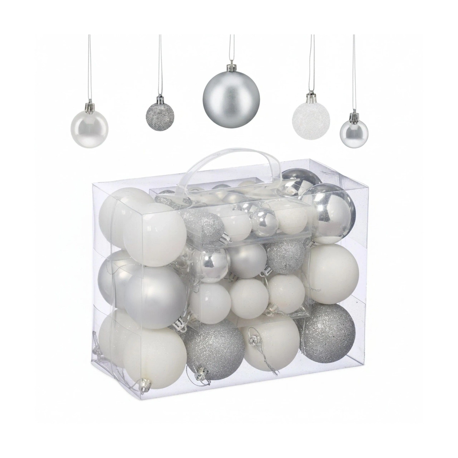 Relaxdays Weihnachtskugeln Kunststoff Silber Weiß Glitzernd 3 Größen 50er Pack