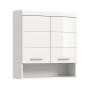 Weißer Hochglanz Hängeschrank, 74x79x24 cm, Bad-Einbauschrank mit vier Türen und offenem Fach.