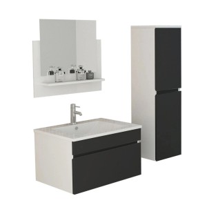 Jet-Line Badset Gastein, 3-teilig, schwarz: Waschbecken, Unterschrank, Hochschrank und Spiegel mit Ablage.