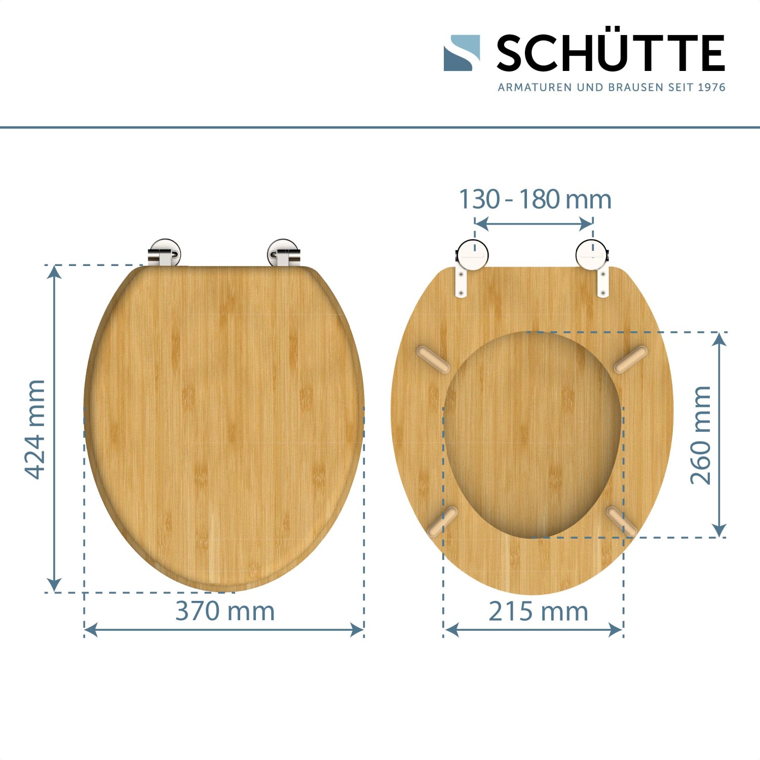 Schütte Bambus WC-Sitz Natural Bamboo mit Maßangaben für Montage und Passform.