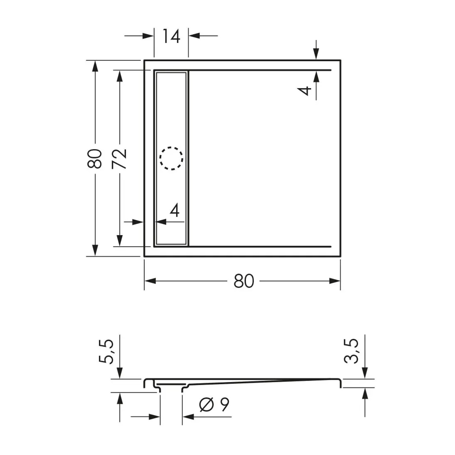 Technische Zeichnung: Steinkamp Duschwanne Living 80x80 cm, superflach mit Ablaufrinne.