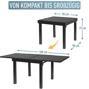 ib style Gartentisch Diplomat, ausziehbar von 90 auf 180 cm, Aluminium, Schwarz.