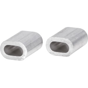 Zwei ovale Aluminium Presshülsen, 4 mm Durchmesser, für Drahtseile und Seilschlaufen.