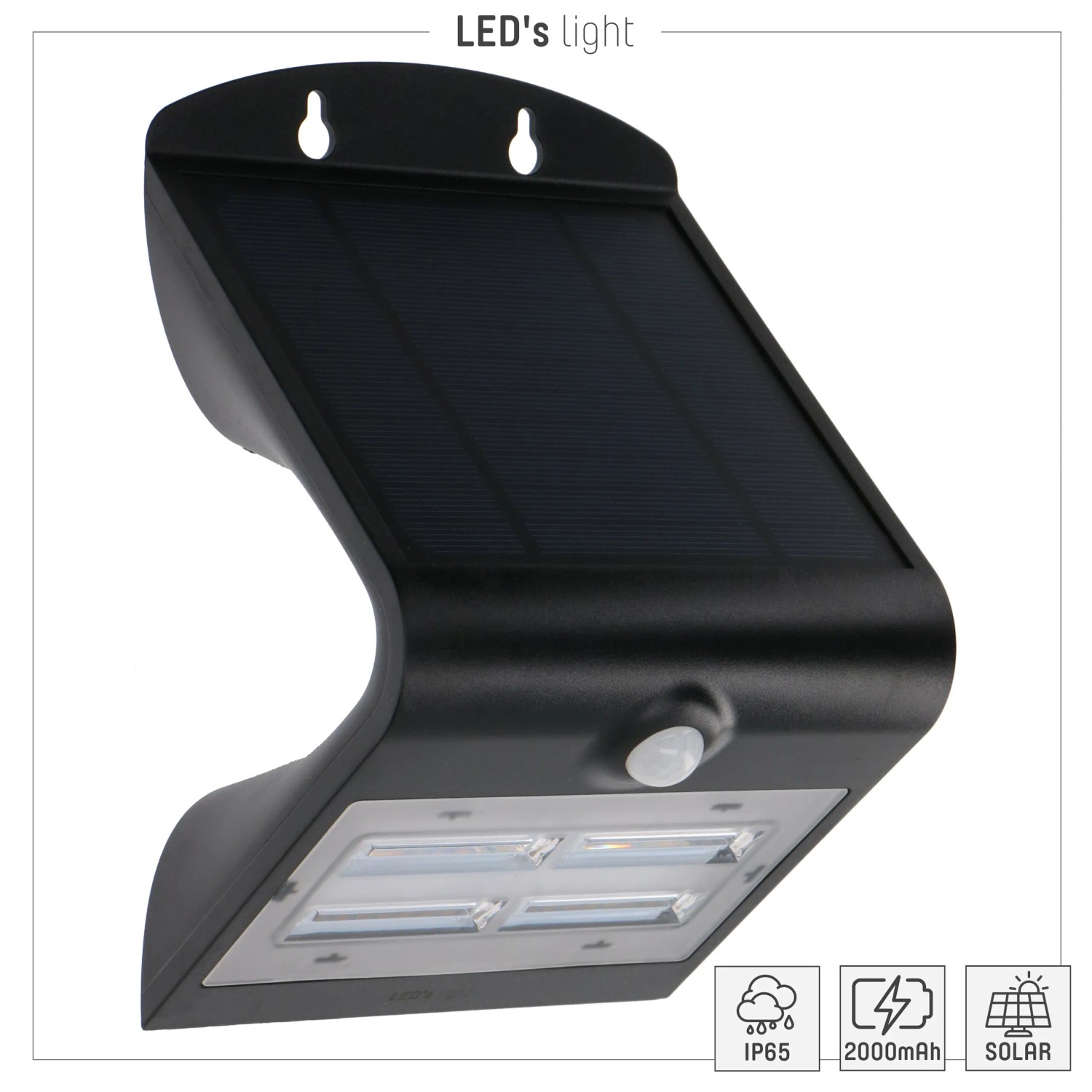 Schwarze LED Solar-Außenleuchte mit Sensor, 400 Lumen, 3000 K. Ideal als Solar-Wandleuchte.