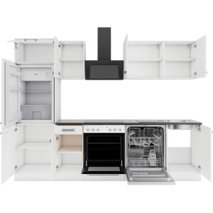 OPTIFIT Oslo214 Küchenzeile, 270 cm, Weiß, mit E-Geräten wie Herd, Kühlschrank und Geschirrspüler.