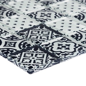 Mosaik Glas Retro Indigo, 30x30 cm, mit blau-weißen Mustern für den Innenbereich.