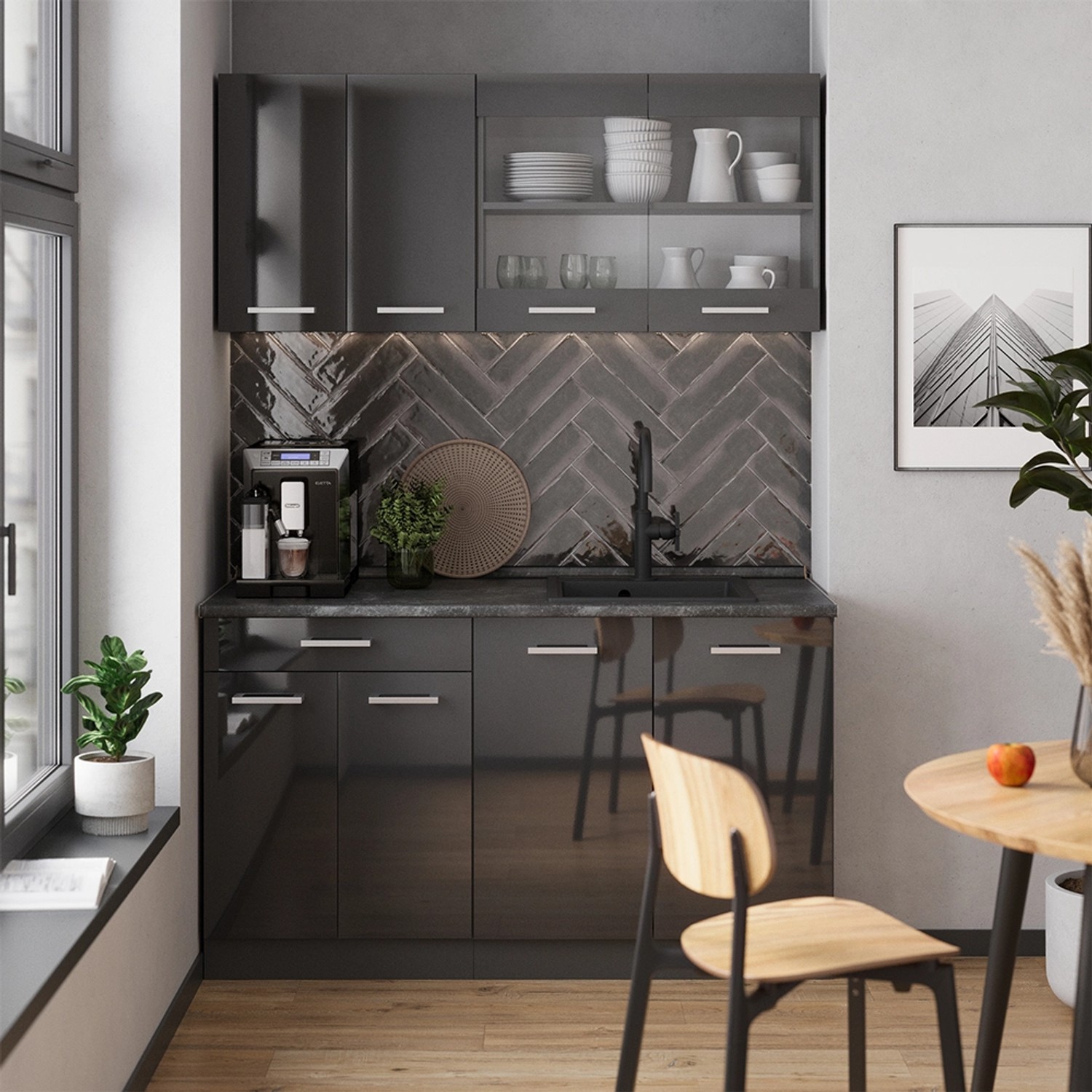 Vicco R-Line Küchenzeile, 140 cm, Anthrazit Hochglanz mit Eiche Arbeitsplatte.