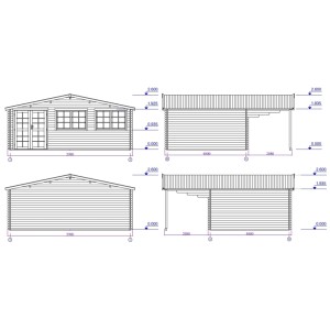 Technische Zeichnung des Finn Art Holz-Gartenhauses Norwegen 11 (6x4 m) mit Vordach. Vier Ansichten zeigen Details und Maße.