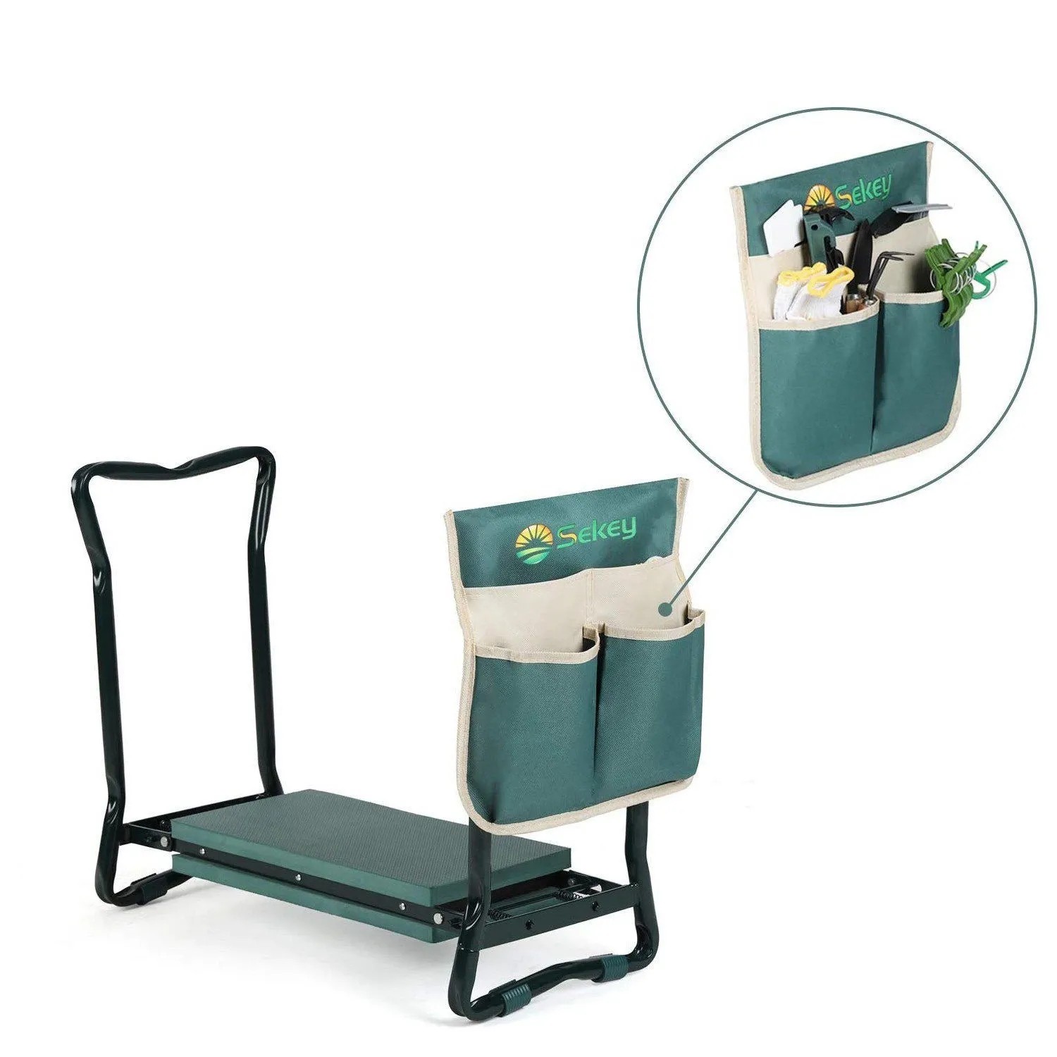 Sekey Kniebank 2 in 1, dunkelgrün, gepolstert, mit Werkzeugtasche. Klappbarer Gartenhocker für Gartenarbeit.