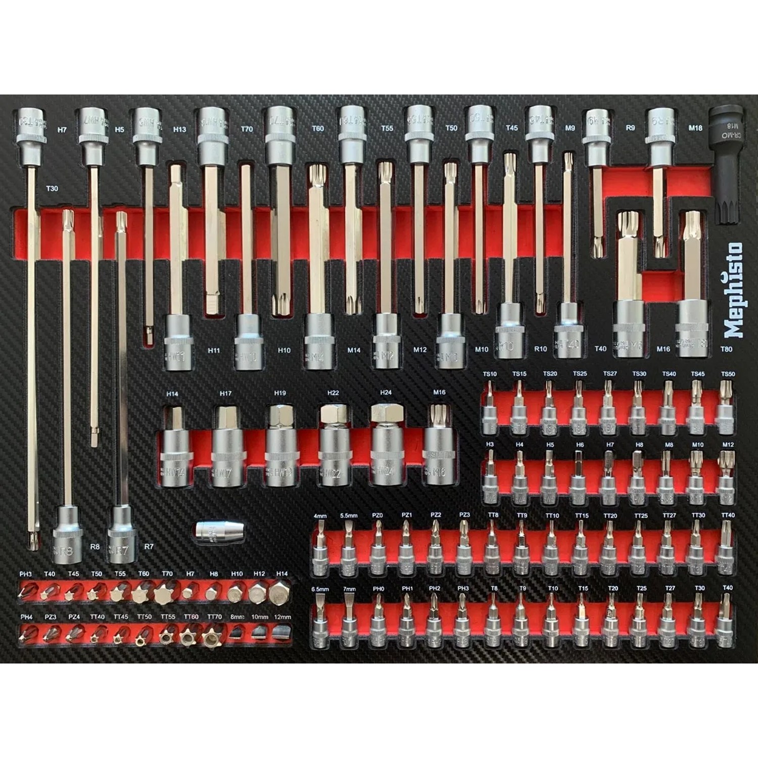 Mephisto Werkzeugwagen: Ringschlüssel-Set in Schublade mit diversen Bits, Nüssen und Schraubendrehern.