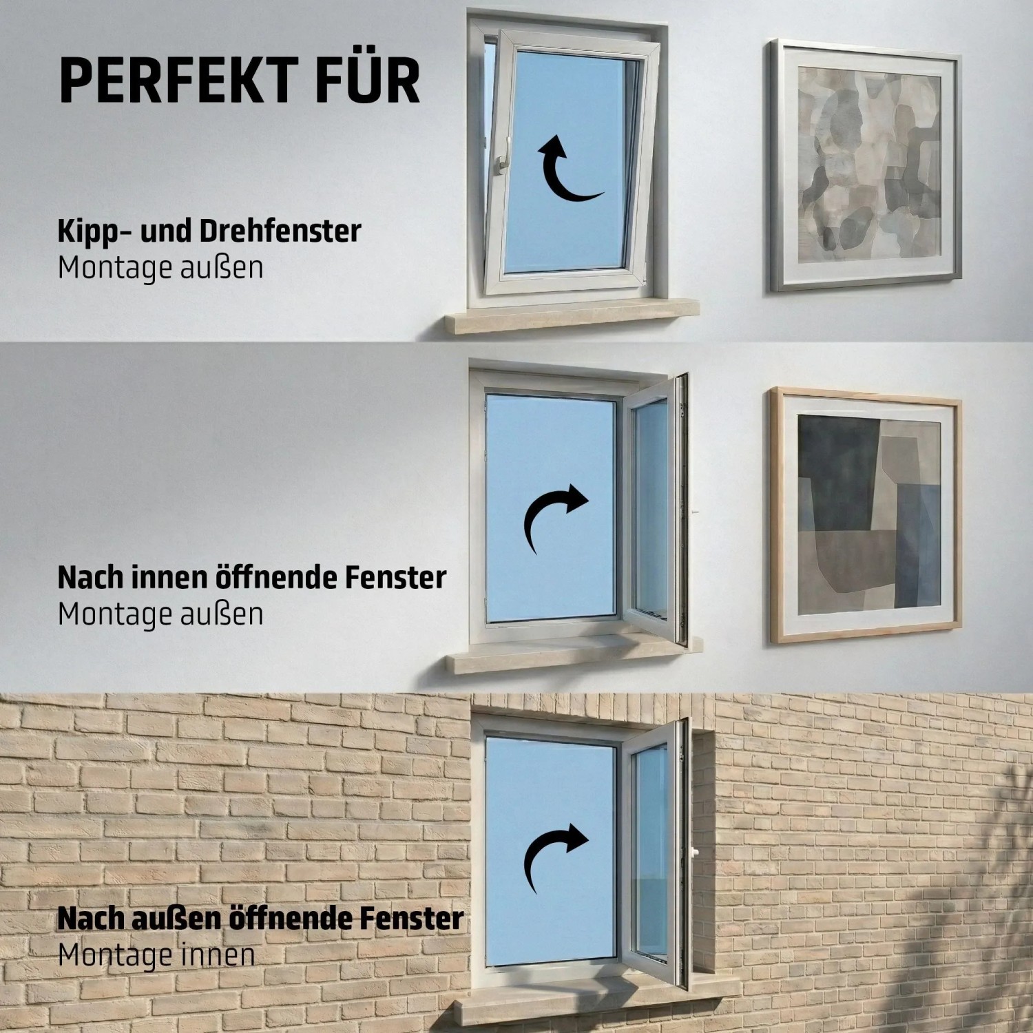 Cocoon Insektenschutzrollo Anthrazit für verschiedene Fensterarten: Kippfenster, Drehfenster, Fenster die nach innen oder außen öffnen.