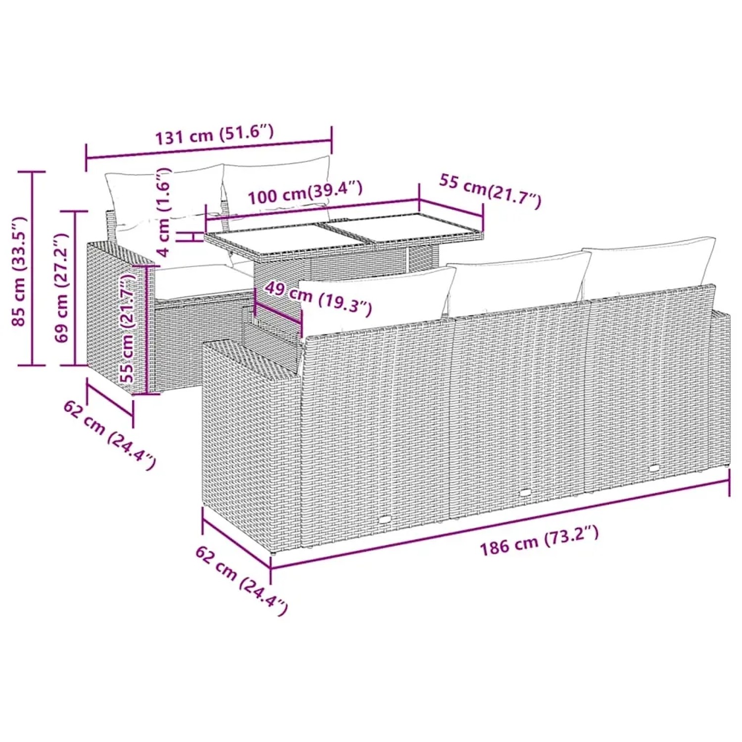 vidaXL Garten-Sofagarnitur, 6-teilig, beige Poly Rattan mit Maßen. Ideal für Terrasse und Garten.