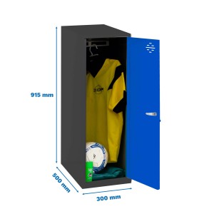 Offener, blau-anthrazitfarbener PROREGAL Schließfachwürfel mit Sportausrüstung. Ideal als Garderobenschrank.
