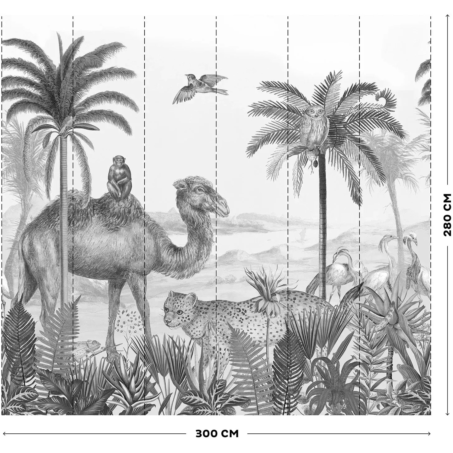 Art for the Home Fototapete Safari, 280x300cm, mit Tier-Motiven in Schwarz-Weiß.