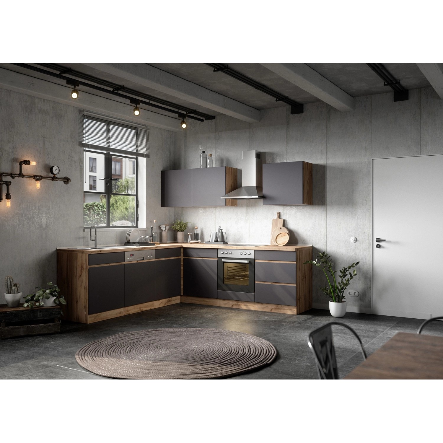 Held Möbel Winkelküche Turin 240 x 240 cm Graphit-Wotaneiche ohne E-Geräte