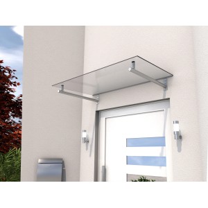Modernes Glasvordach HD 140 aus Edelstahl und Klarglas über einer Haustür.