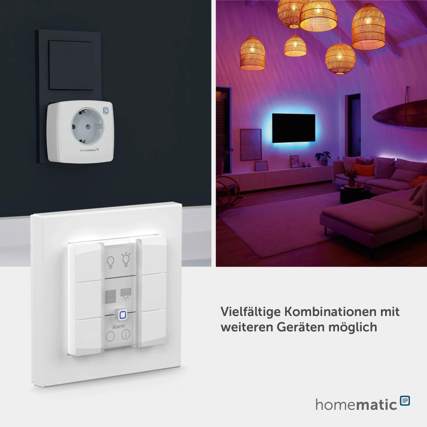 Homematic IP Wandtaster 6-fach zur Smart Home Steuerung von Licht, Rollläden; gezeigt mit Steckdose & Ambientebeleuchtung.