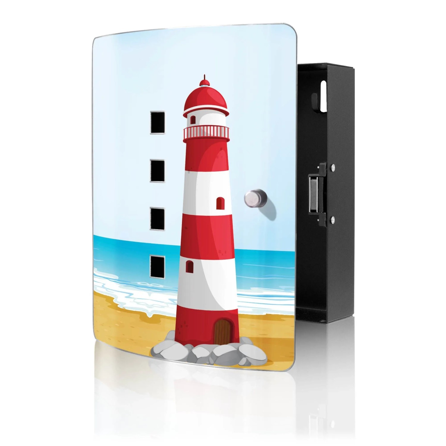 Banjado Design Schlüsselkasten Aus Edelstahl Für 10 Schlüssel 24x21,5x7cm Mit Magnetverschluss Motiv Leuchtturm Illustration