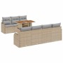 Beiges 8-teiliges vidaXL Garten-Sofa-Set aus Poly Rattan mit grauen Kissen.