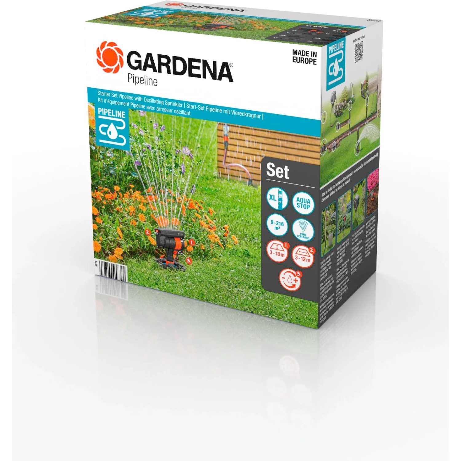 Gardena Start-Set Pipeline Viereckregner im Karton, zur Gartenbewässerung mit Sprinkler-System.