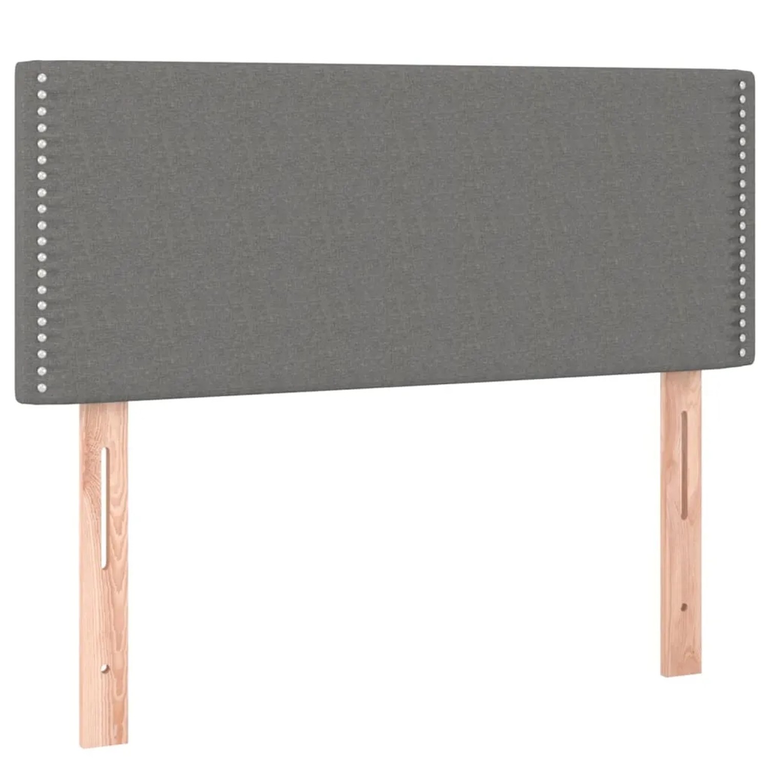 Boxspringbett Kopfteil, dunkelgrauer Stoff mit Ziernägeln, Holzfüße.
