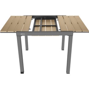 Tectake Gartentisch Inca, ausziehbar, schwarzer Aluminiumrahmen, braune Lamellen in Holzoptik, teilweise ausgezogen.