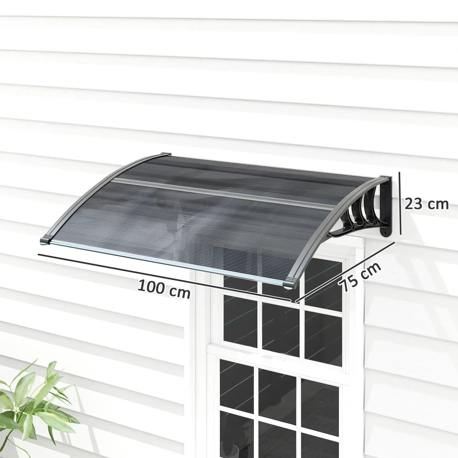 Schwarzes Outsunny Haustürvordach aus Polycarbonat, 100x75x23 cm, montiert über einem Fenster.