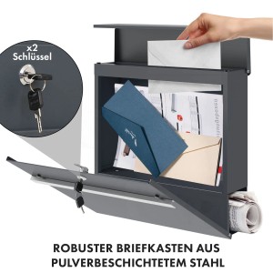 KARAT Briefkasten Gaston mit Zeitungsfach, anthrazit. Stahl Wandbriefkasten mit Edelstahl-Namensschild.