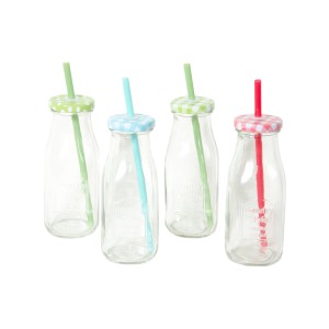 Trinkflaschen Set: Glasflaschen mit farbigen Trinkhalmen und gemusterten Deckeln, 325 ml.