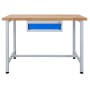 PROREGAL Werkbank Rhino, 120x60cm, mit Schublade, Buche Arbeitsplatte, lichtgraues Gestell, lichtblaue Schublade.