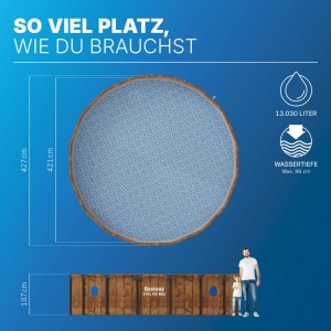 Runder Bestway Framepool Steel Pro Max Holzoptik, Ø 427x107 cm. Mit Bullaugen, 13030 L Kapazität, 96 cm Wassertiefe.
