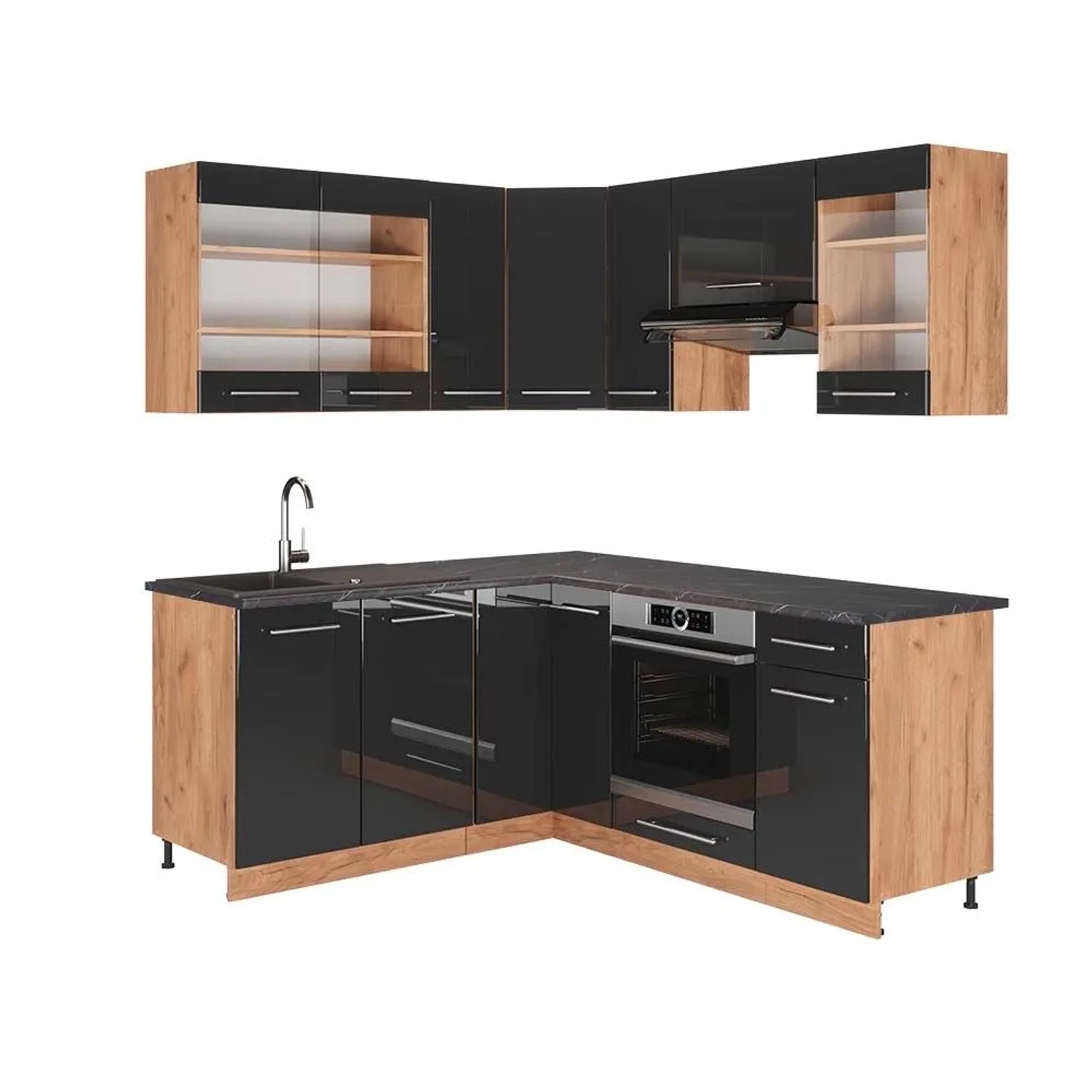 Vicco Eckküche Fame-Line Anthrazit Hochglanz/Goldkraft Eiche 190 x 82, AP Anthrazit