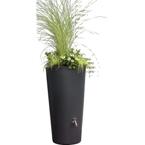 Anthrazitfarbene Arves Regentonne Rainbowl Flower 150 l mit Bepflanzung und Wasserhahn.