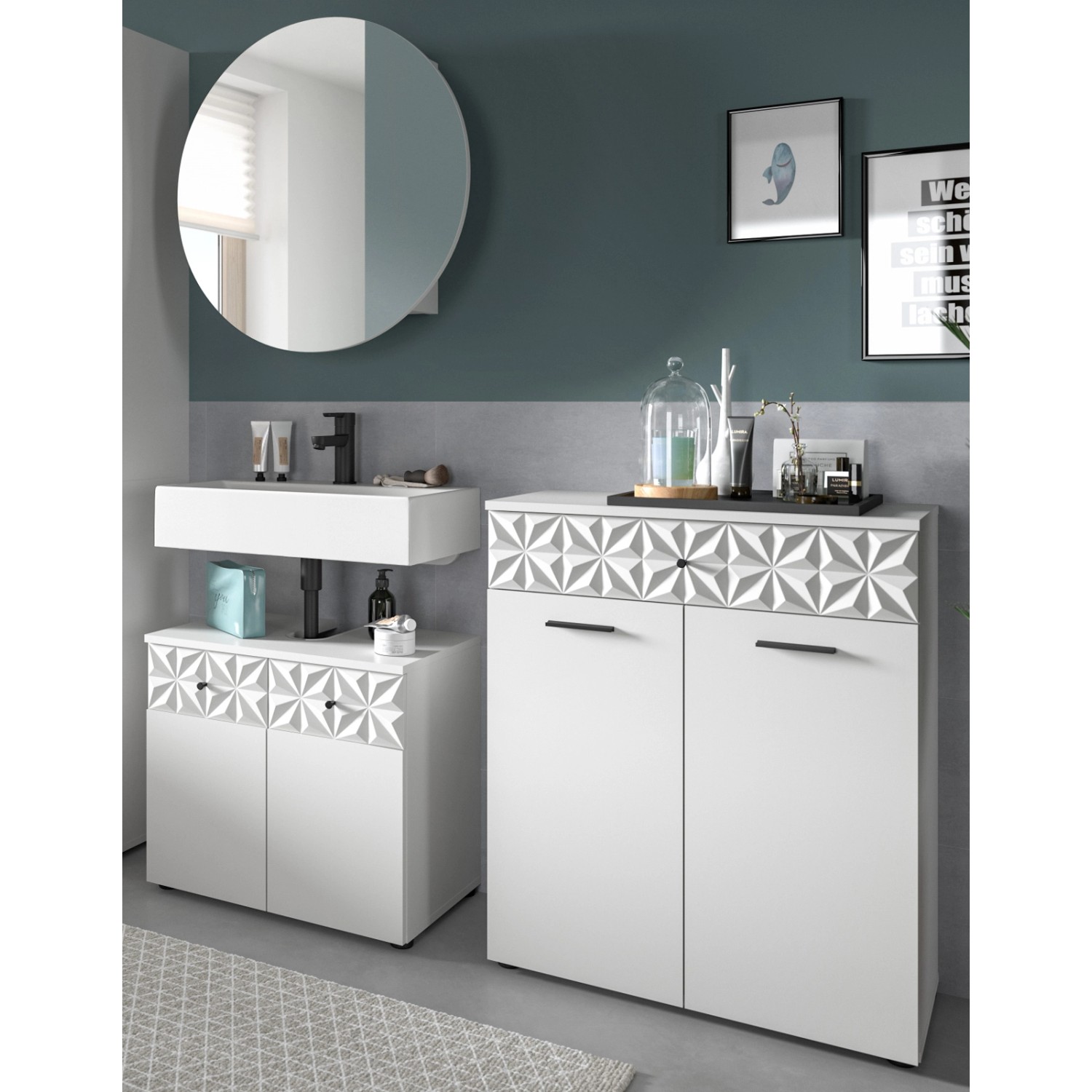 Inn.Furn Badmöbel Set in Weiß Hochglanz 3-teilig 155 cm Relief günstig online kaufen