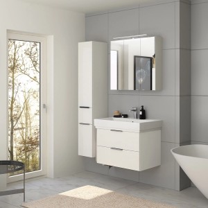 Steinkamp Waschtischunterschrank Set mit GROHE Cube Waschtisch, schneeweiß glänzend. Badmöbel für Einzelwaschtische.