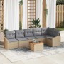 Beige-hellgraues 7-teiliges vidaXL Garten-Sofa-Set aus Rattan mit Tisch und grauen Kissen.