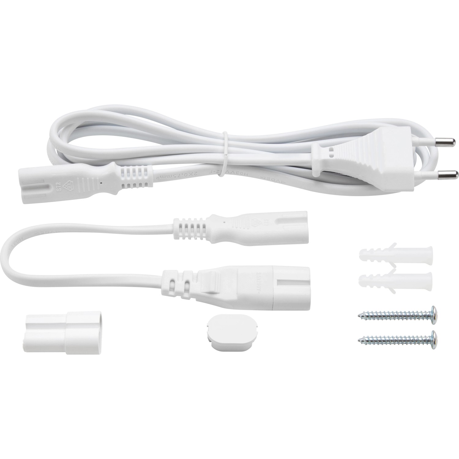 Zubehör für LED Unterbauleuchte: Kabel, Stecker, Schrauben und Dübel.