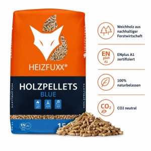 Heizfuxx Blue ENplus A1 Weichholz Holzpellets, 15kg Sack, orange, mit Fuchs-Logo und losem Pellet-Haufen.