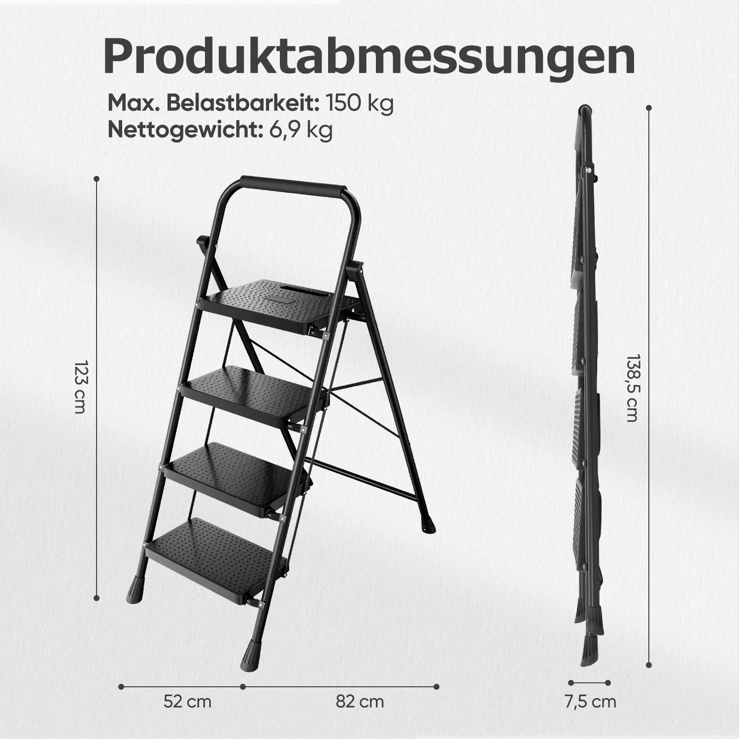 Schwarze Sekey 4-Stufen Klappleiter, ausgeklappt (123 cm hoch) und gefaltet (7,5 cm dick), rutschfeste Trittstufen, 150 kg.